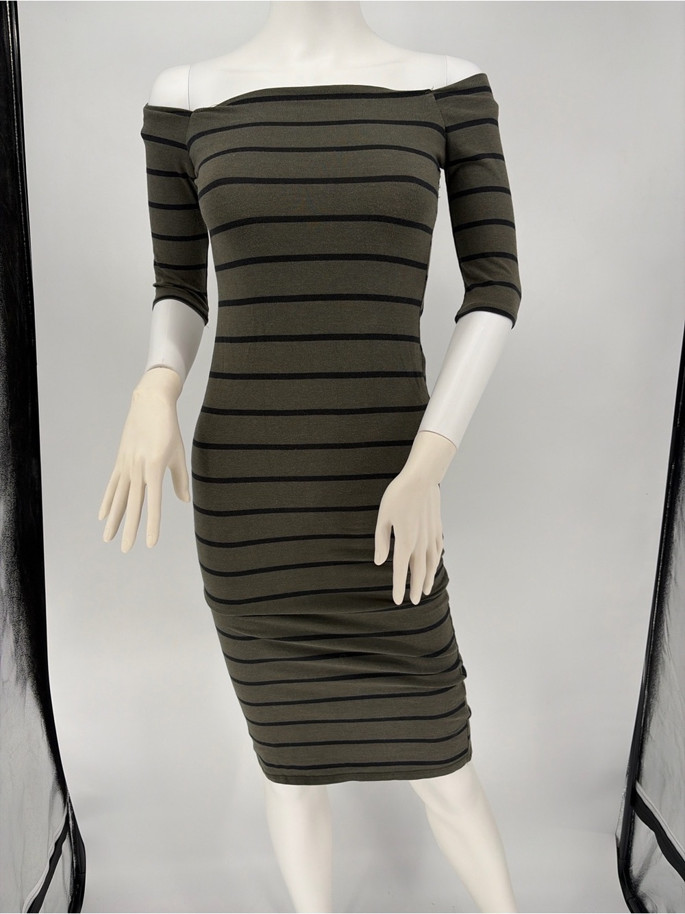 Heart Hips Olive Green and Black Off-Shoulder Striped Bodycon Dress